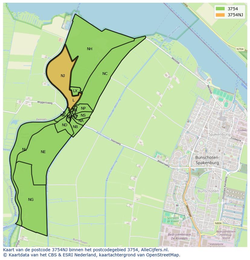 Afbeelding van het postcodegebied 3754 NJ op de kaart.