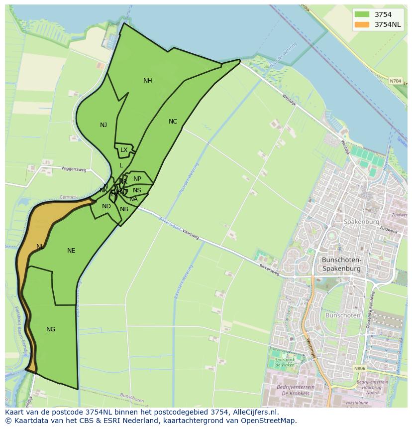 Afbeelding van het postcodegebied 3754 NL op de kaart.
