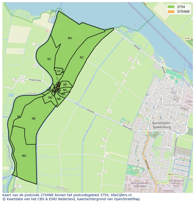 Afbeelding van het postcodegebied 3754 NR op de kaart.