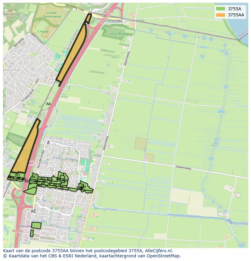Afbeelding van het postcodegebied 3755 AA op de kaart.