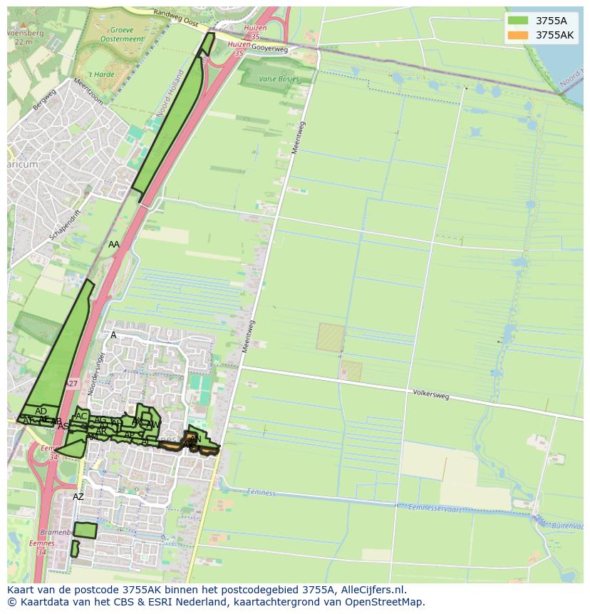 Afbeelding van het postcodegebied 3755 AK op de kaart.