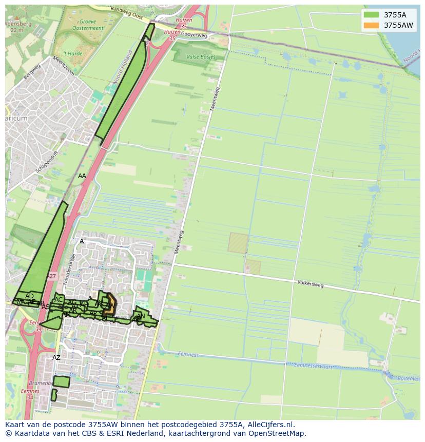 Afbeelding van het postcodegebied 3755 AW op de kaart.