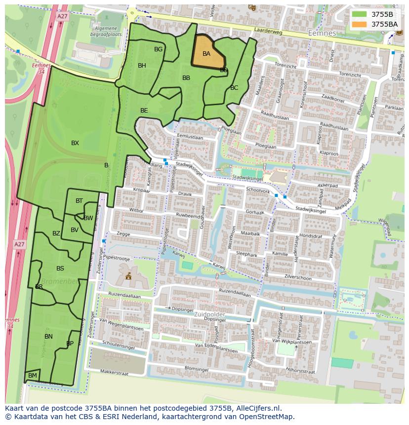 Afbeelding van het postcodegebied 3755 BA op de kaart.