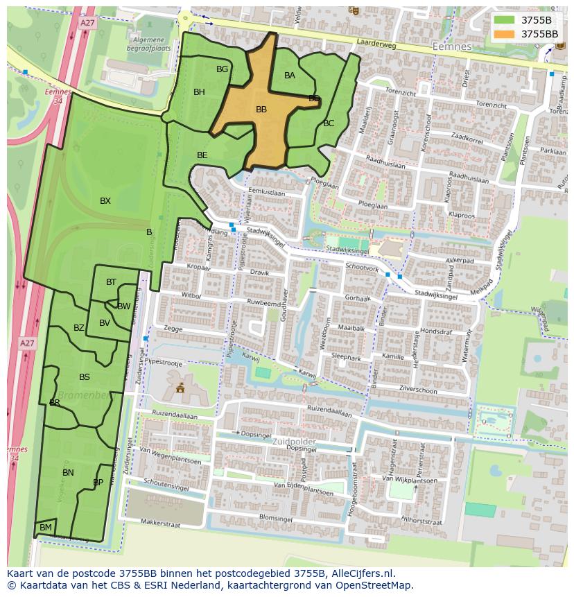 Afbeelding van het postcodegebied 3755 BB op de kaart.