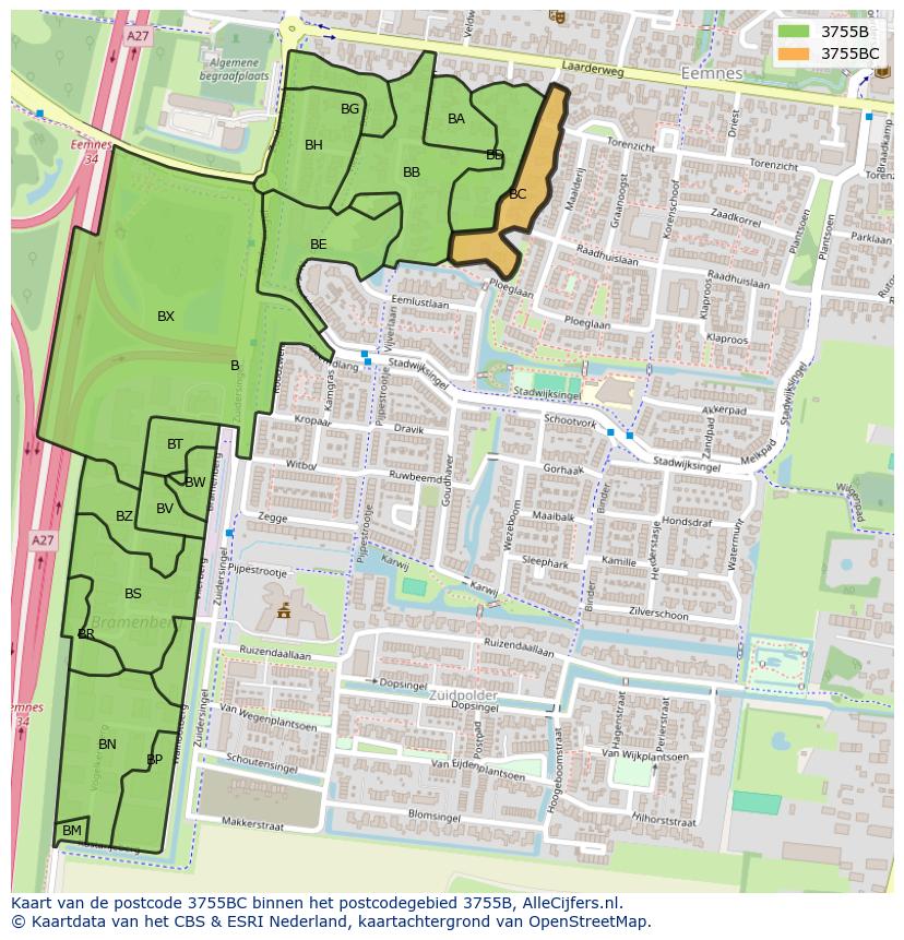 Afbeelding van het postcodegebied 3755 BC op de kaart.
