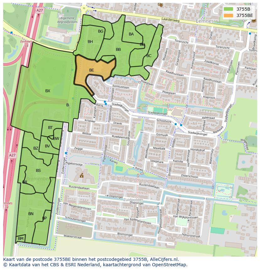 Afbeelding van het postcodegebied 3755 BE op de kaart.
