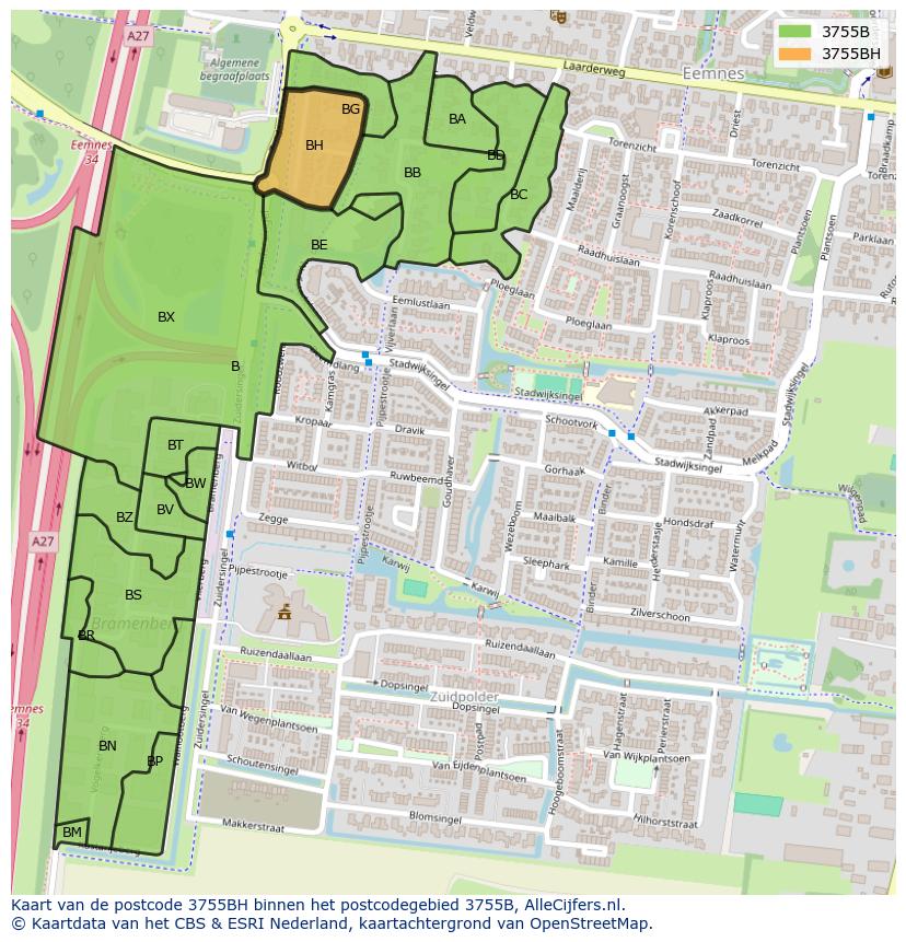 Afbeelding van het postcodegebied 3755 BH op de kaart.