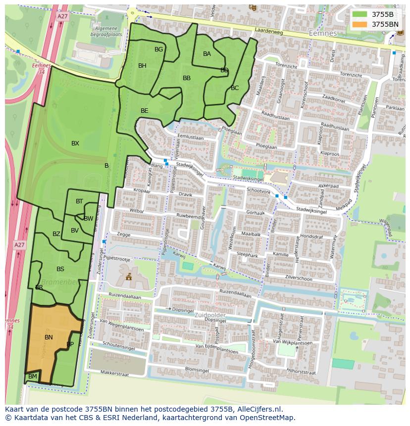 Afbeelding van het postcodegebied 3755 BN op de kaart.
