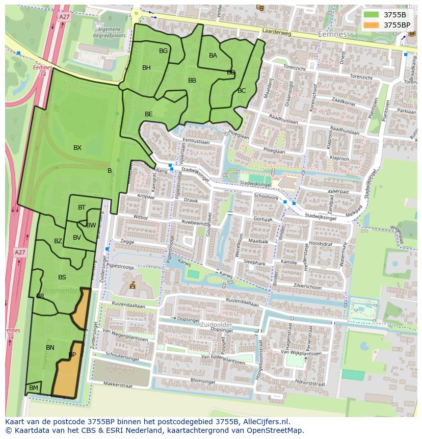 Afbeelding van het postcodegebied 3755 BP op de kaart.
