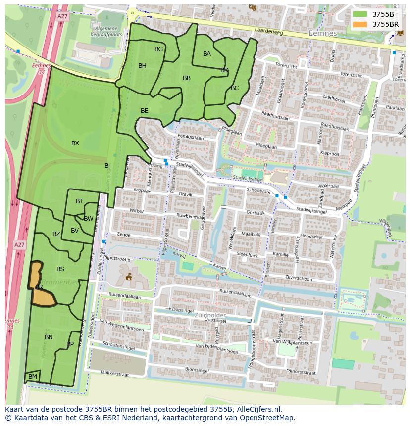 Afbeelding van het postcodegebied 3755 BR op de kaart.