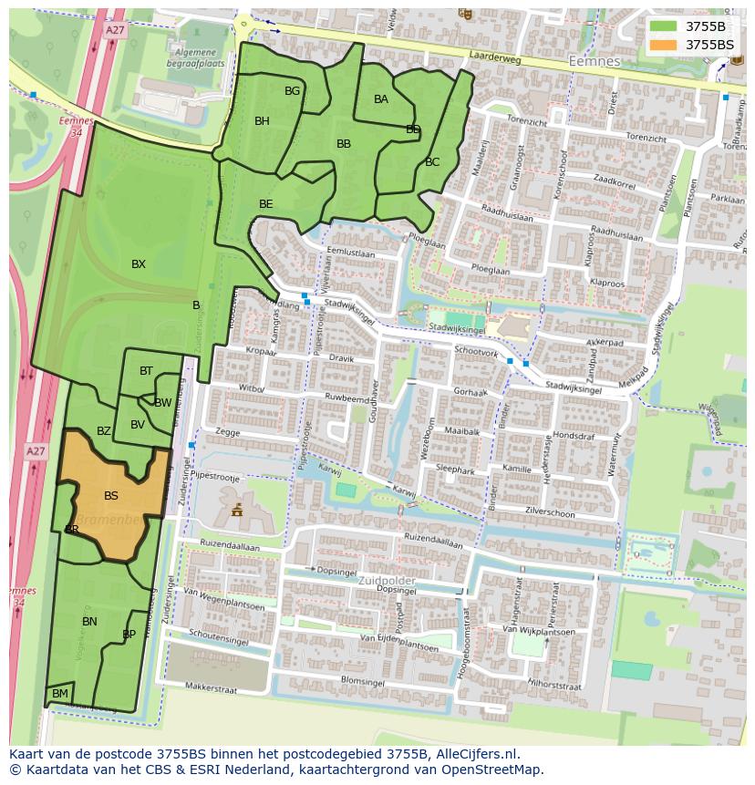 Afbeelding van het postcodegebied 3755 BS op de kaart.