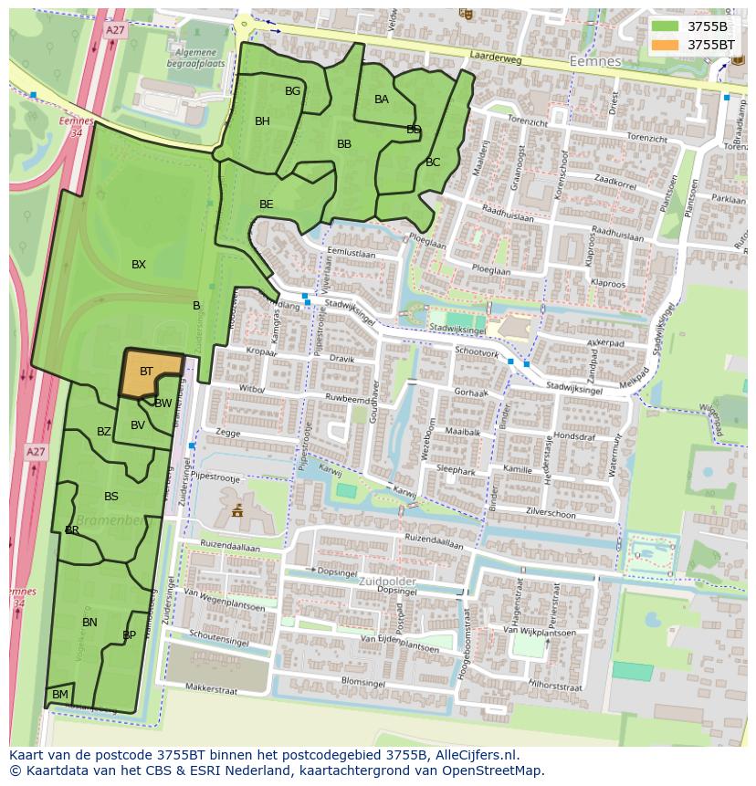 Afbeelding van het postcodegebied 3755 BT op de kaart.