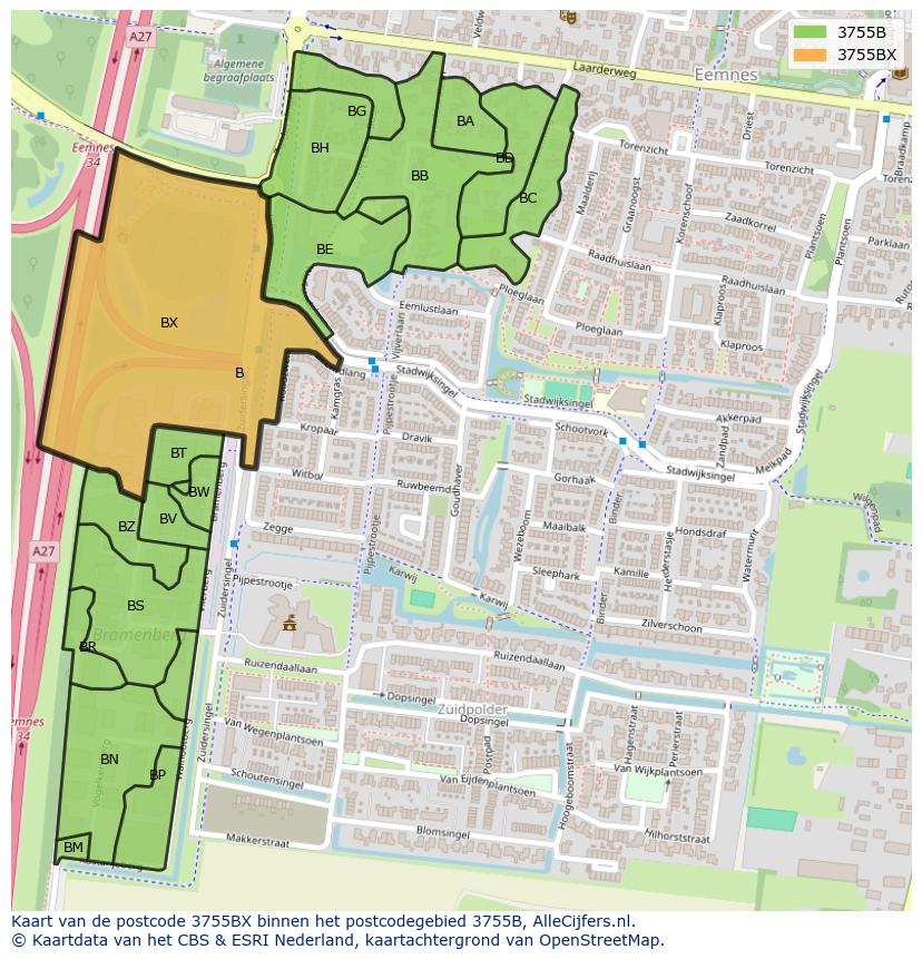 Afbeelding van het postcodegebied 3755 BX op de kaart.