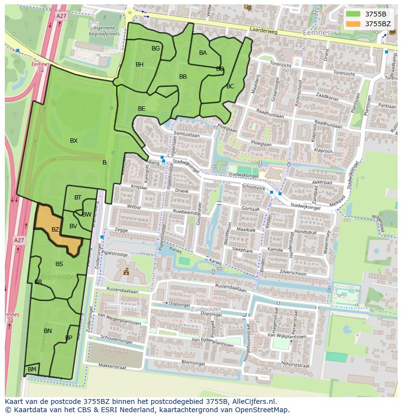 Afbeelding van het postcodegebied 3755 BZ op de kaart.