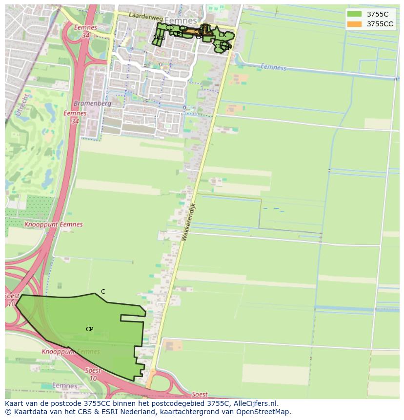 Afbeelding van het postcodegebied 3755 CC op de kaart.