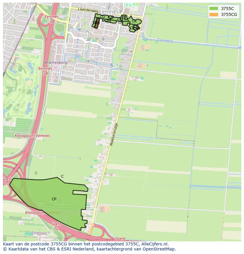 Afbeelding van het postcodegebied 3755 CG op de kaart.
