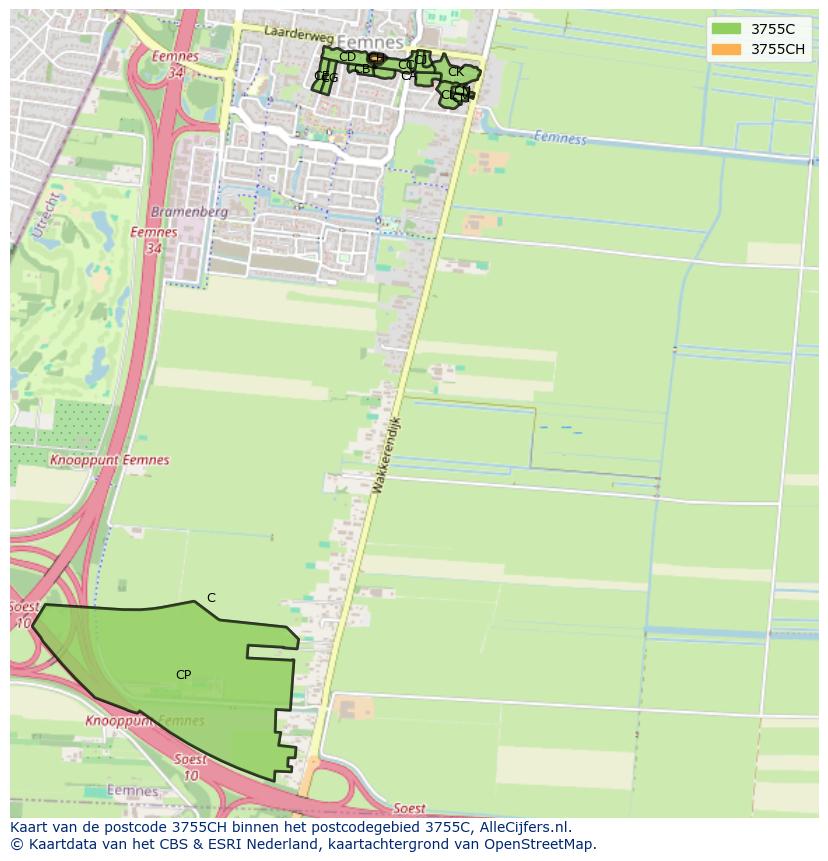 Afbeelding van het postcodegebied 3755 CH op de kaart.