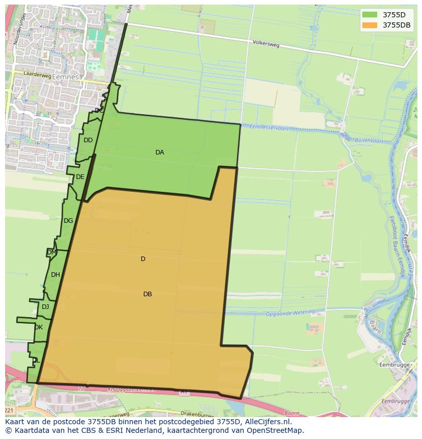 Afbeelding van het postcodegebied 3755 DB op de kaart.
