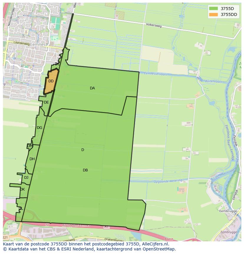 Afbeelding van het postcodegebied 3755 DD op de kaart.