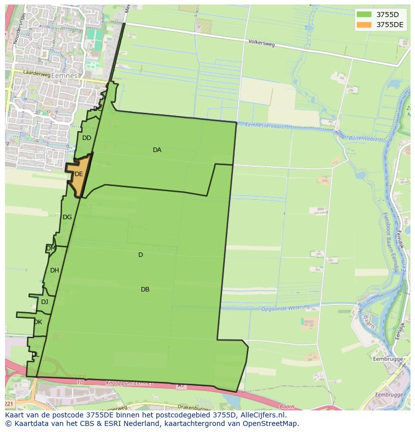 Afbeelding van het postcodegebied 3755 DE op de kaart.