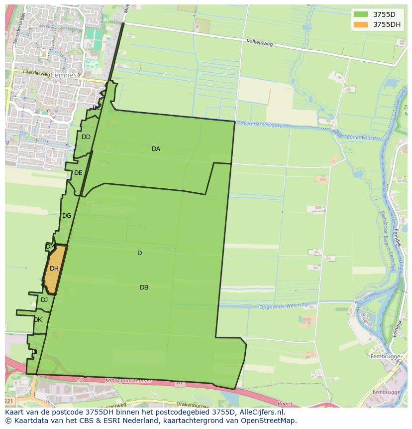 Afbeelding van het postcodegebied 3755 DH op de kaart.