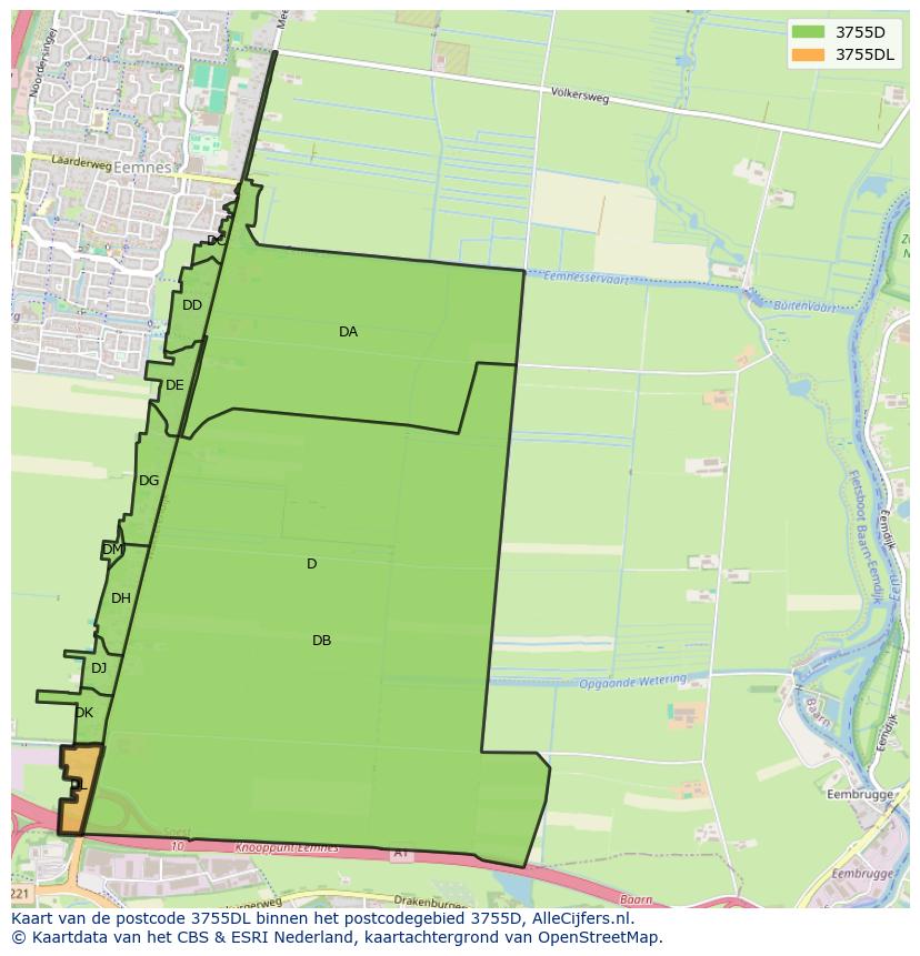 Afbeelding van het postcodegebied 3755 DL op de kaart.