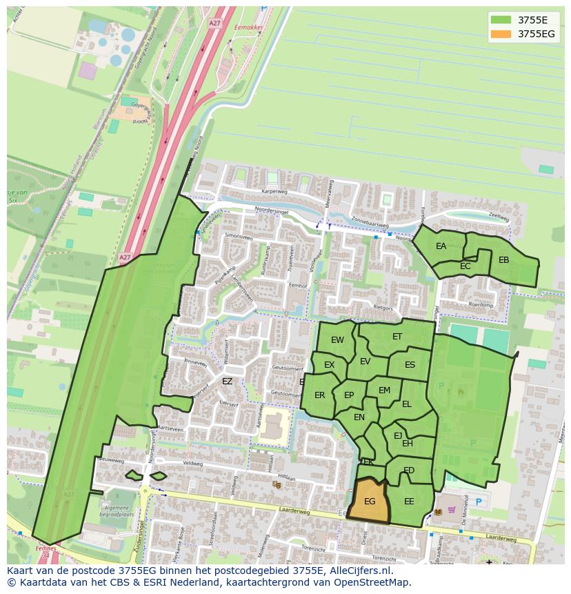 Afbeelding van het postcodegebied 3755 EG op de kaart.