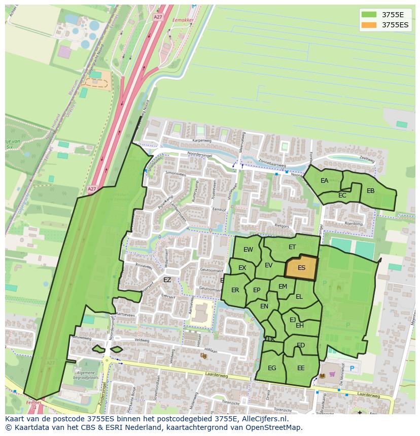 Afbeelding van het postcodegebied 3755 ES op de kaart.