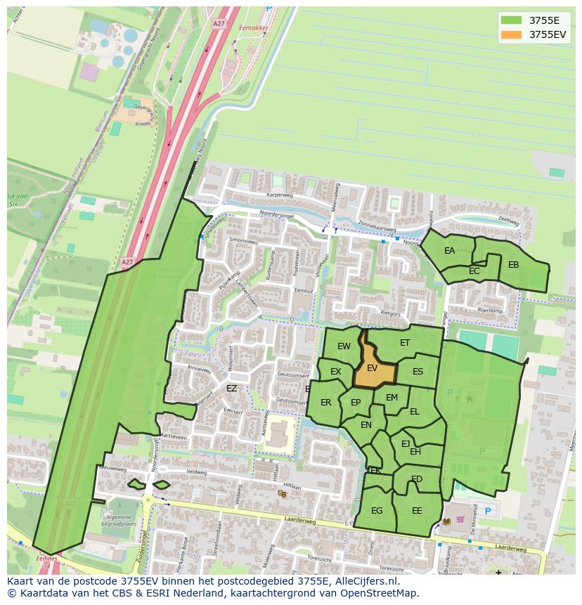 Afbeelding van het postcodegebied 3755 EV op de kaart.