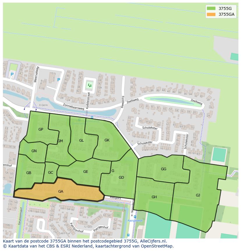 Afbeelding van het postcodegebied 3755 GA op de kaart.