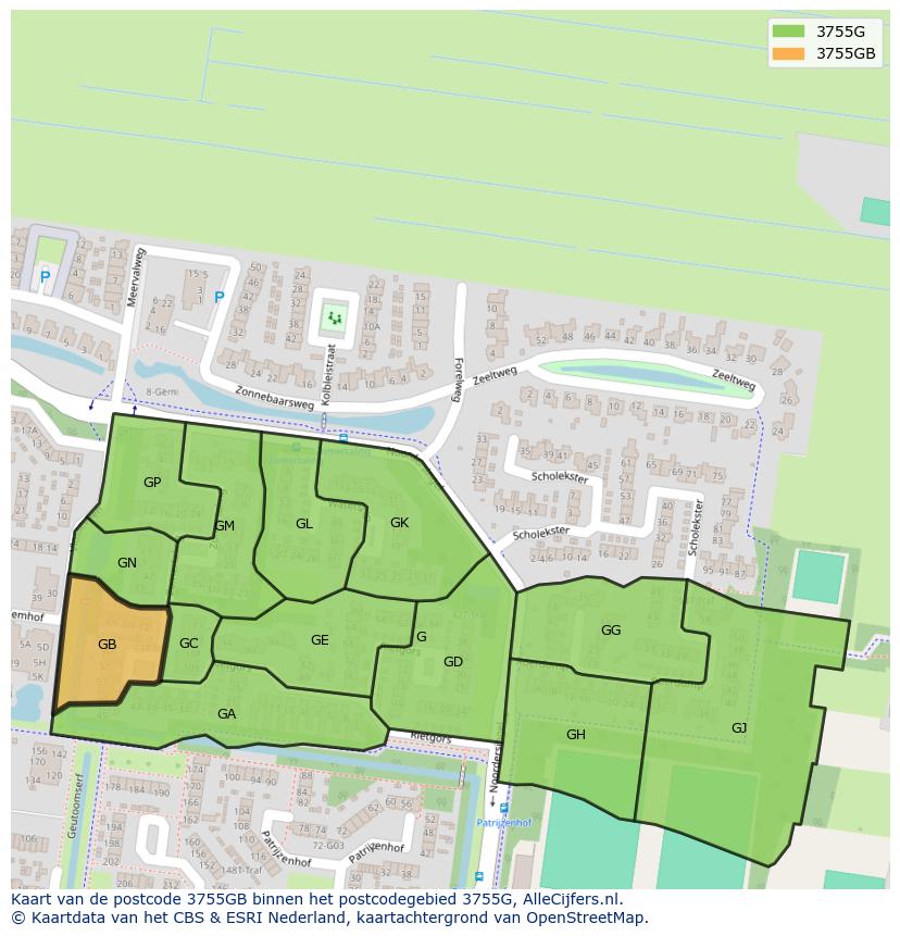 Afbeelding van het postcodegebied 3755 GB op de kaart.
