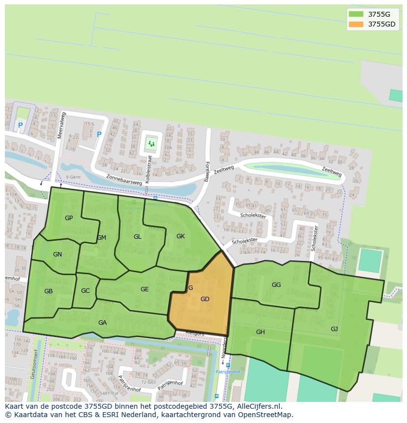 Afbeelding van het postcodegebied 3755 GD op de kaart.