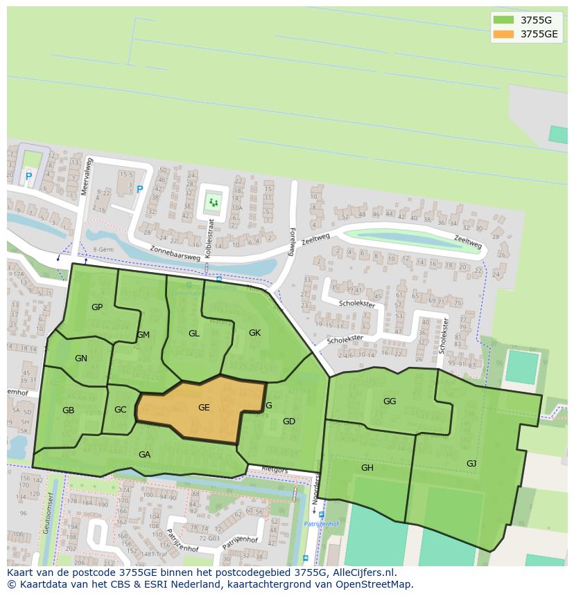 Afbeelding van het postcodegebied 3755 GE op de kaart.