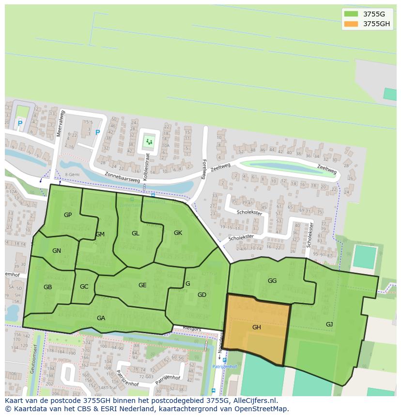 Afbeelding van het postcodegebied 3755 GH op de kaart.