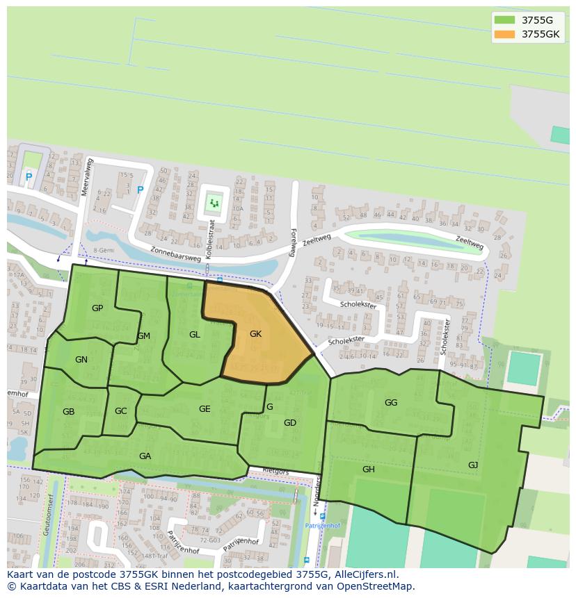 Afbeelding van het postcodegebied 3755 GK op de kaart.