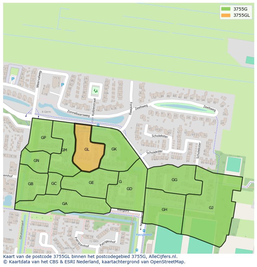 Afbeelding van het postcodegebied 3755 GL op de kaart.