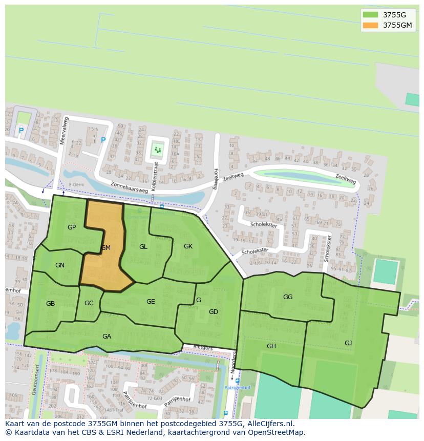 Afbeelding van het postcodegebied 3755 GM op de kaart.