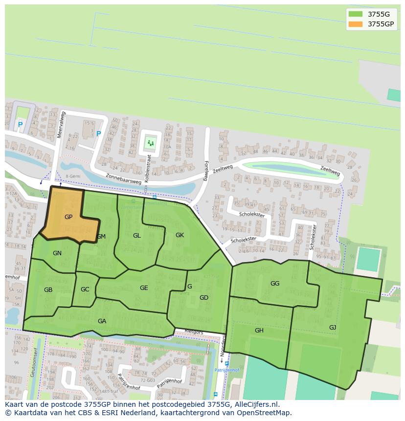 Afbeelding van het postcodegebied 3755 GP op de kaart.
