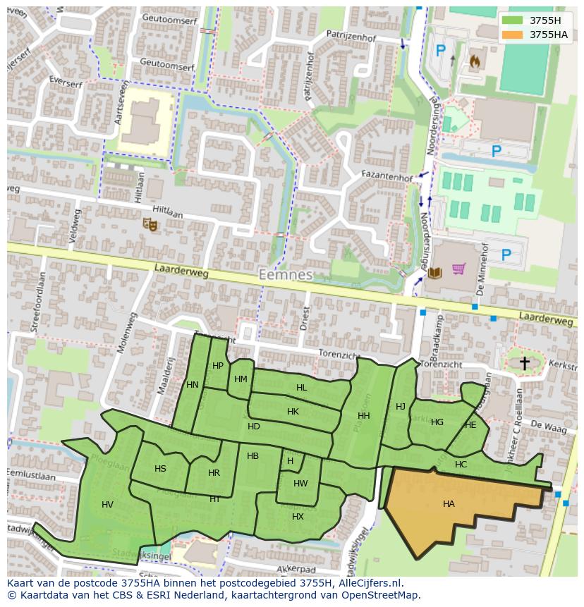 Afbeelding van het postcodegebied 3755 HA op de kaart.