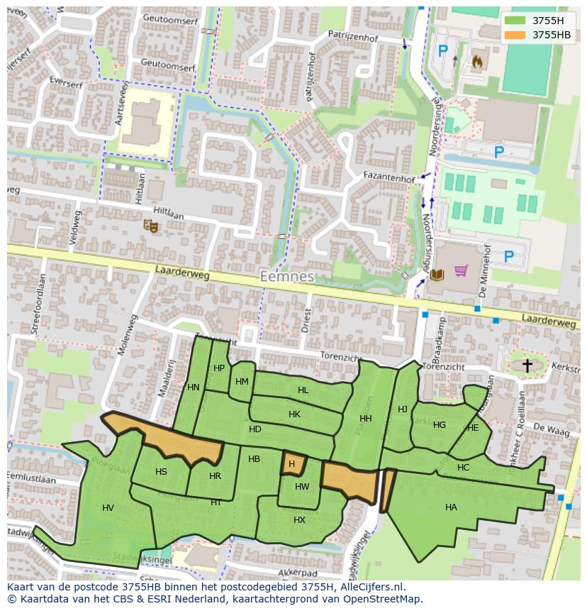 Afbeelding van het postcodegebied 3755 HB op de kaart.