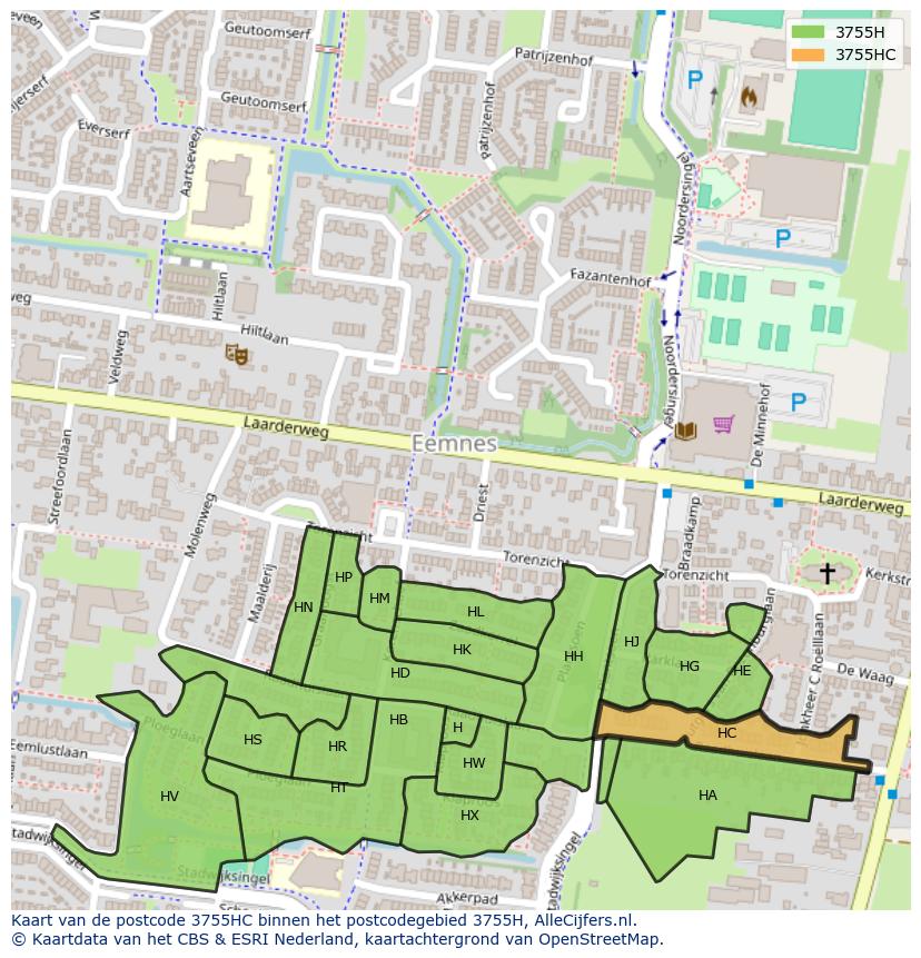 Afbeelding van het postcodegebied 3755 HC op de kaart.