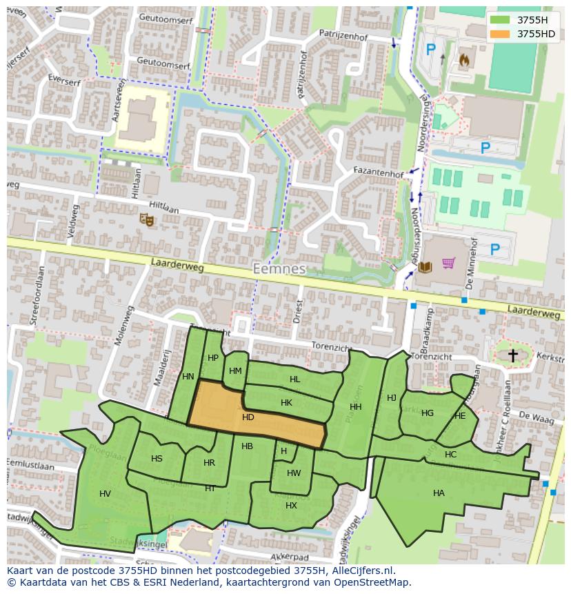 Afbeelding van het postcodegebied 3755 HD op de kaart.