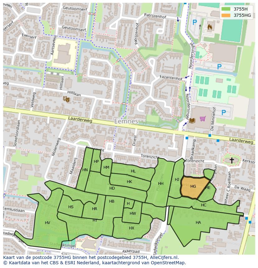 Afbeelding van het postcodegebied 3755 HG op de kaart.