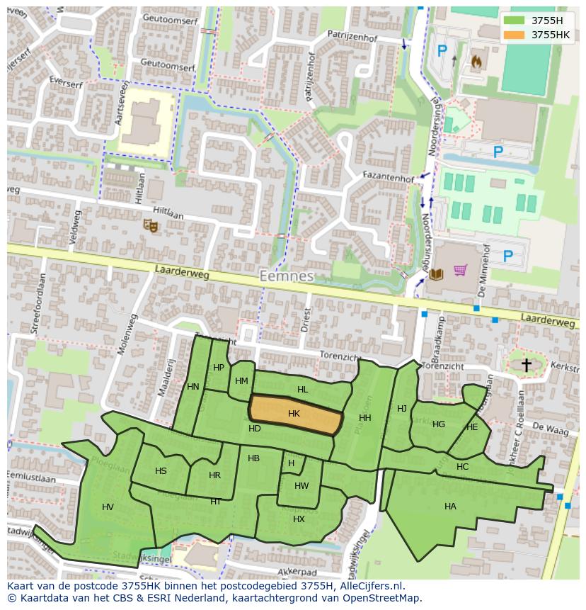 Afbeelding van het postcodegebied 3755 HK op de kaart.