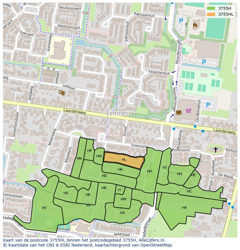 Afbeelding van het postcodegebied 3755 HL op de kaart.
