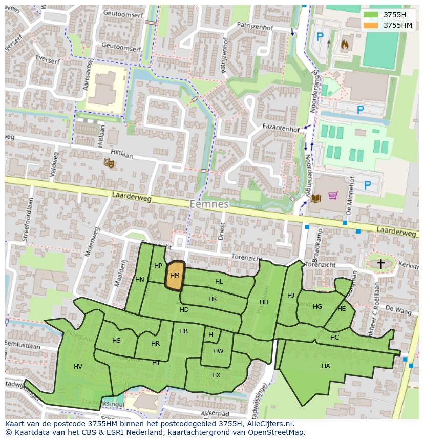 Afbeelding van het postcodegebied 3755 HM op de kaart.
