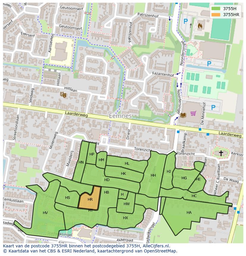 Afbeelding van het postcodegebied 3755 HR op de kaart.