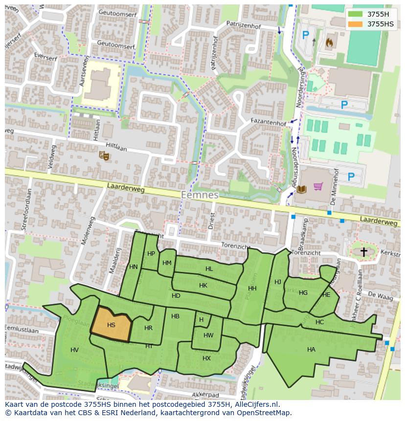 Afbeelding van het postcodegebied 3755 HS op de kaart.