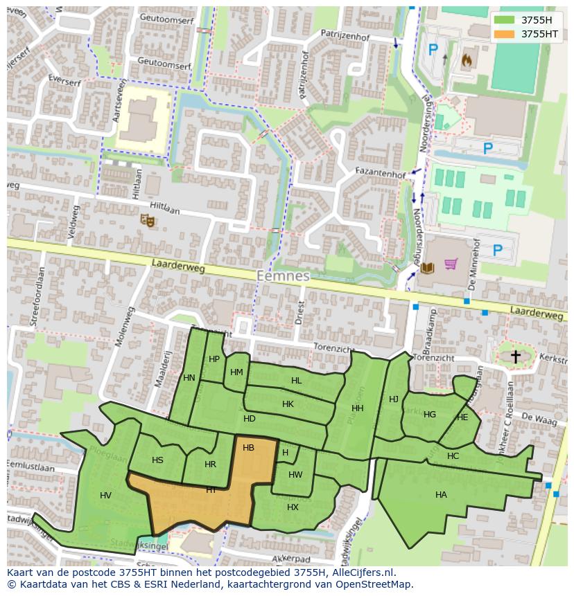 Afbeelding van het postcodegebied 3755 HT op de kaart.