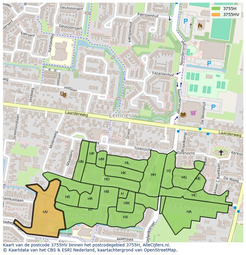 Afbeelding van het postcodegebied 3755 HV op de kaart.